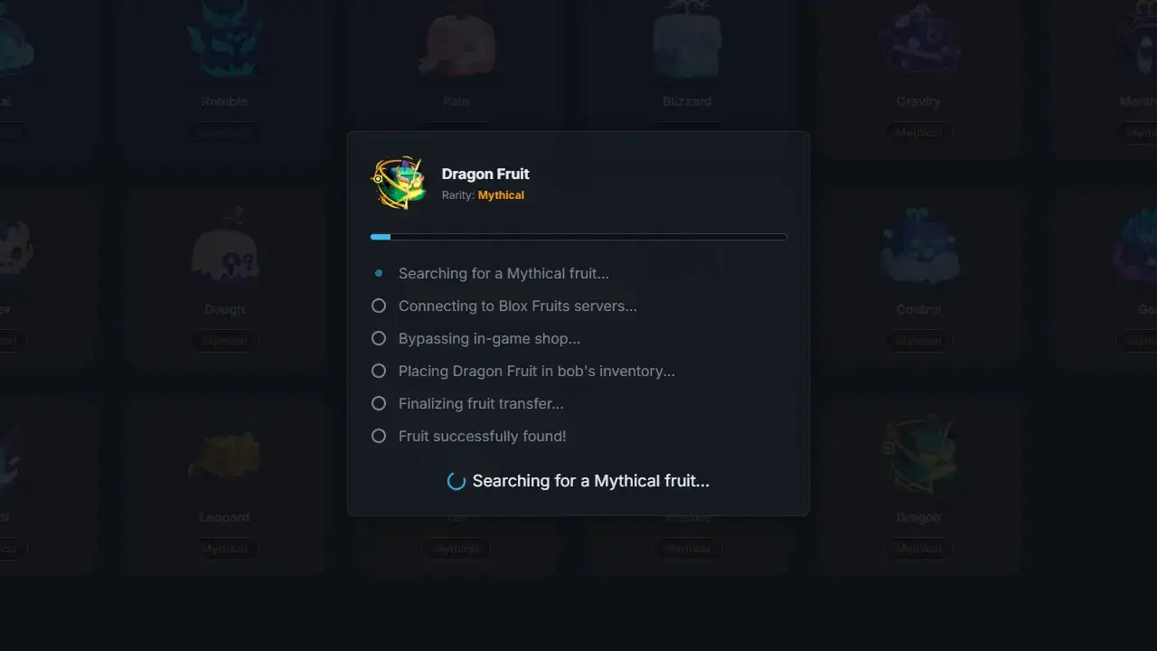 A success message from the Blox Fruit Generator confirming that the selected fruits have been added to the user's Roblox account.